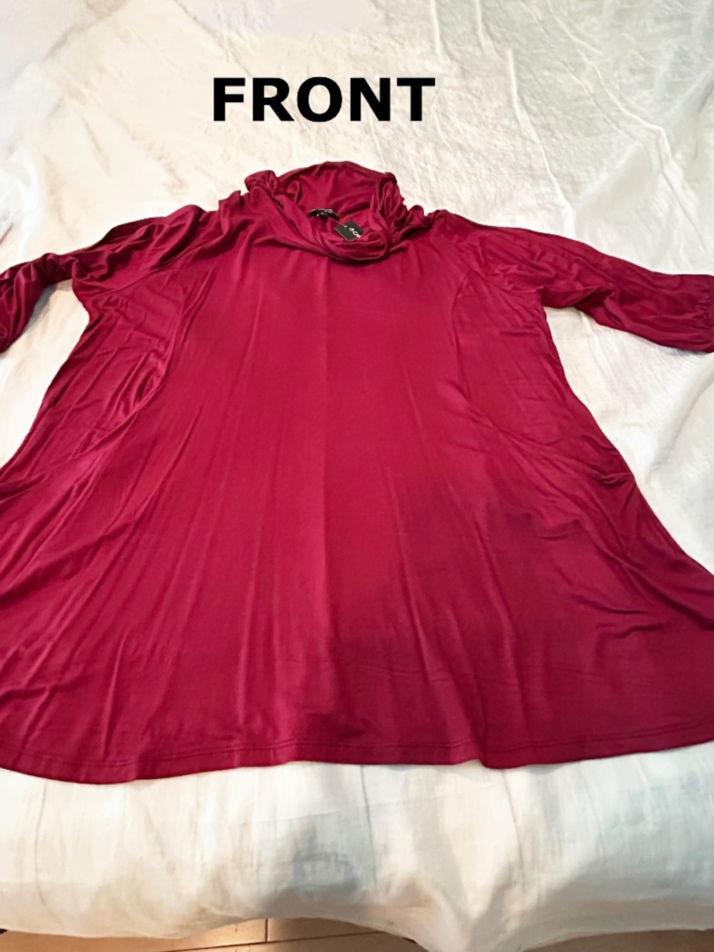 TOP, BURGUNDY, SIZE 2X, COWL NECK, ¾ SLEEVES, VERY STRETCHY ELASTIC CUFFS, 2 PKT